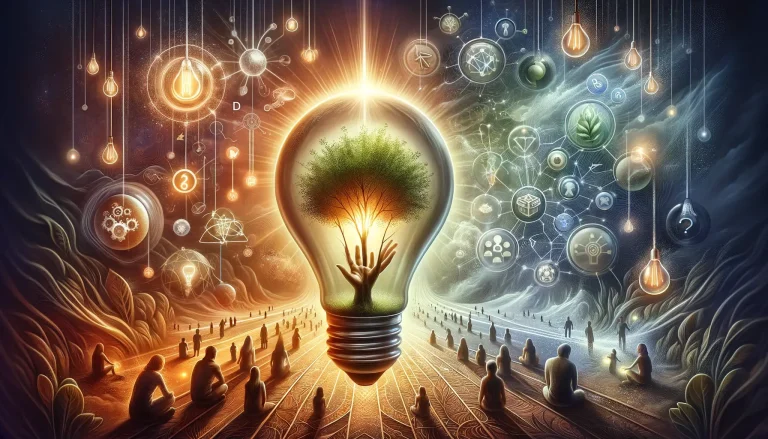 A glowing lightbulb with a tree inside, surrounded by symbols of affiliate marketing and myths, symbolizing the unveiling of truth.