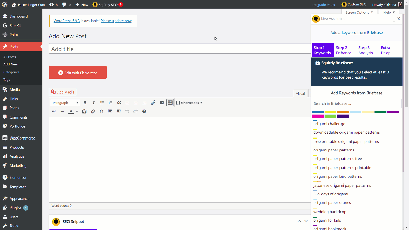 WordPress post editor with Squirrly SEO Live Assistant guiding keyword and content optimization